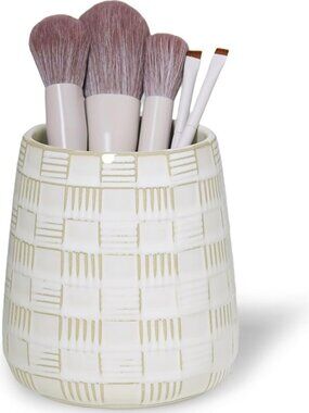Elegant Ceramic Makeup Brush Holder - Vintage White Vanity Organizer, Easy to